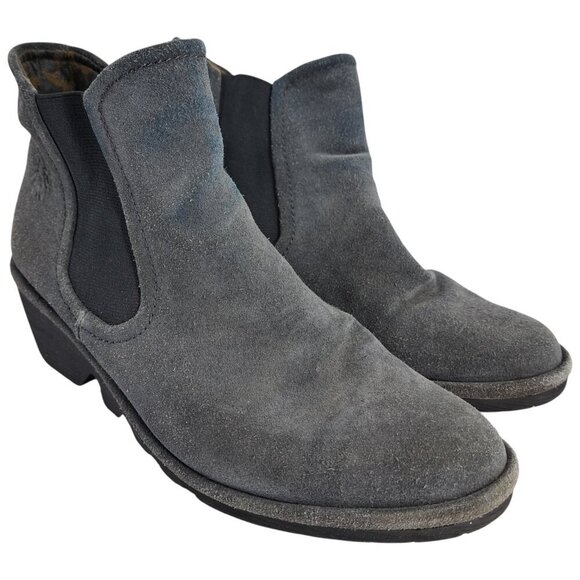 Fly London Shoes - Fly London Phil Gray Suede Wedge Boots Size 38 US 7.5-8 Pull On Chelsea Chunky